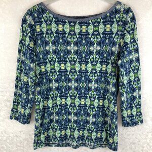 Jones New York Signature Cotton Blue-Green-White Retro Print 3/4 Sleeve Top Sz M